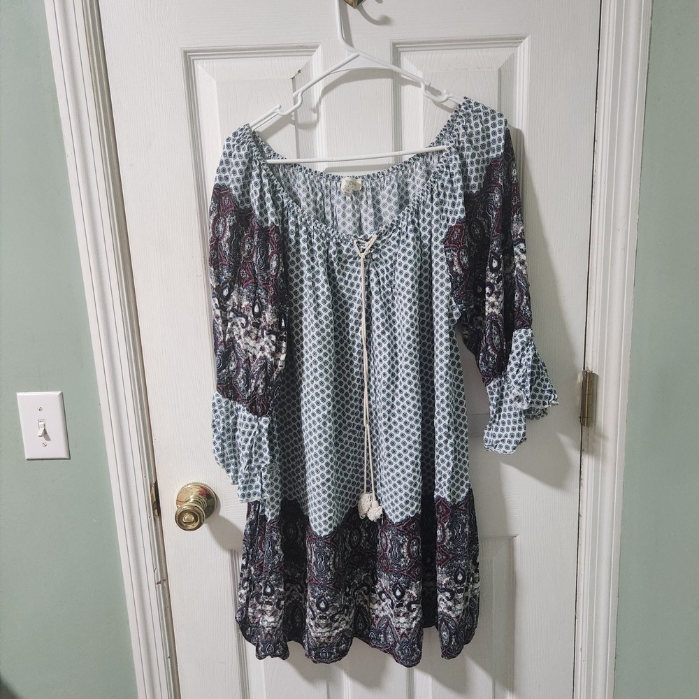Umgee USA Womens 2XL Boho Paisley Geometric Tunic Dress Blue White Tassel Ruffle